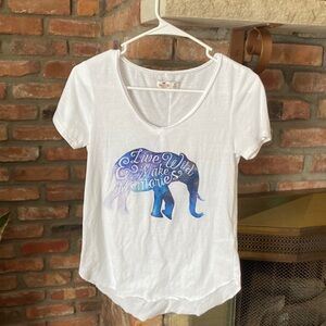 Hollister White Graphic Tee with Blue and Purple Elephant Design